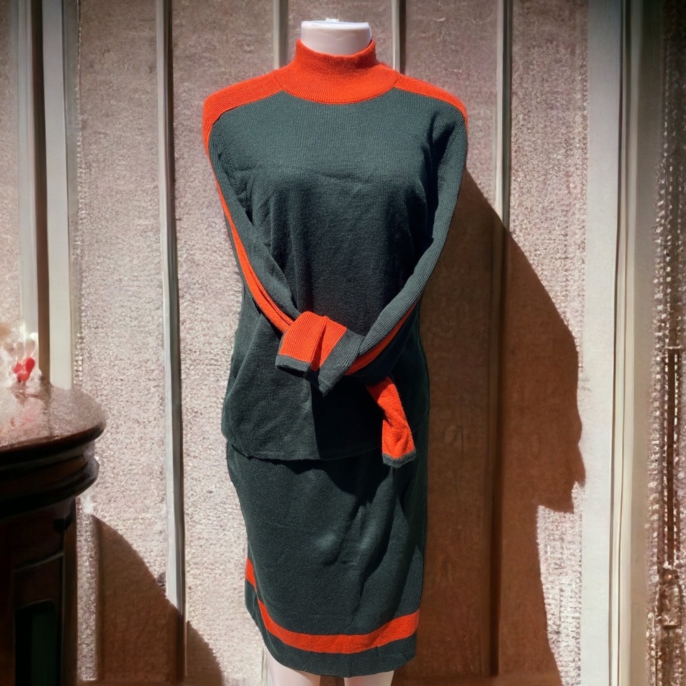 Adrianna Papell Green Orange Knit Skirt Set 2 Piece Colorblock Outfit Size L